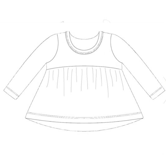 Technical line drawing of long sleeve children’s peplum top pattern
