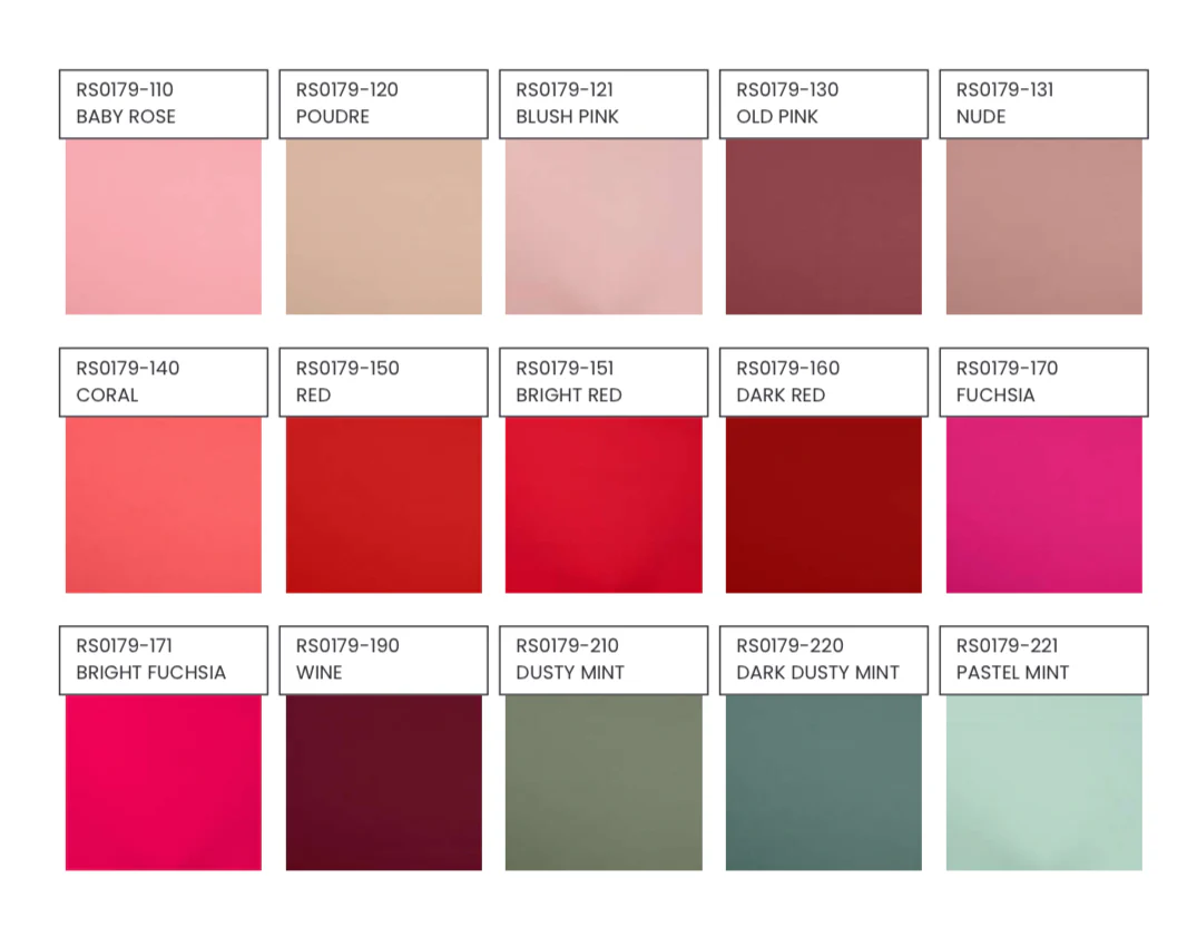 Color swatch chart with various pink, red, and green shades