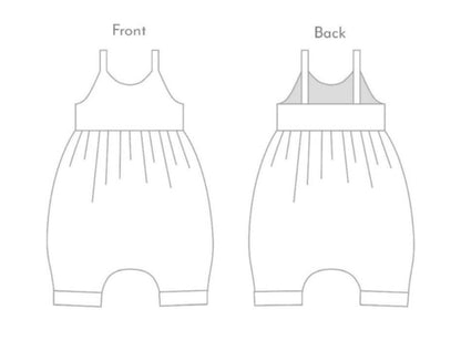 line drawing of front and back view of sinclair romper