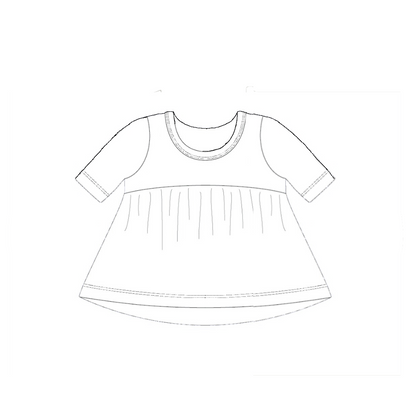 Technical line drawing of short sleeve children’s peplum top pattern