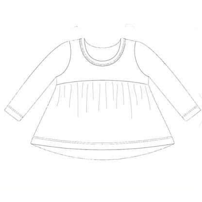 Technical line drawing of long sleeve children’s peplum top pattern